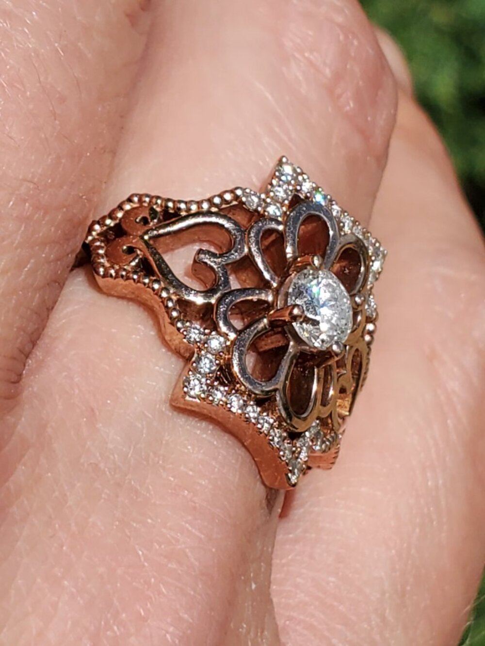 10K Rose Gold Diamond Flower Ring 0.65 CTW Round Diamonds Floral Filigree SZ 10 - Picture 6 of 16